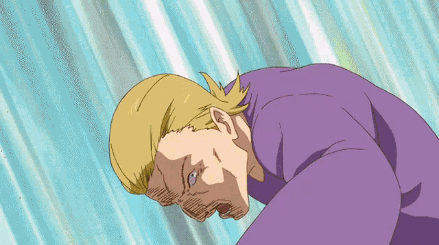 a man with blonde hair and a purple shirt is looking down