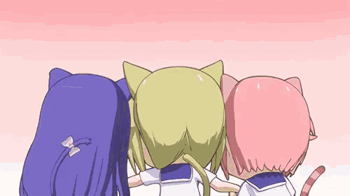 three cartoon girls with cat ears are standing next to each other .