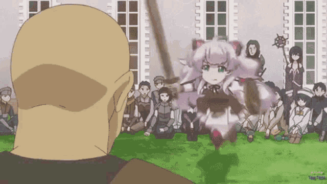a bald man stands in front of a group of people including a cat girl with a sword