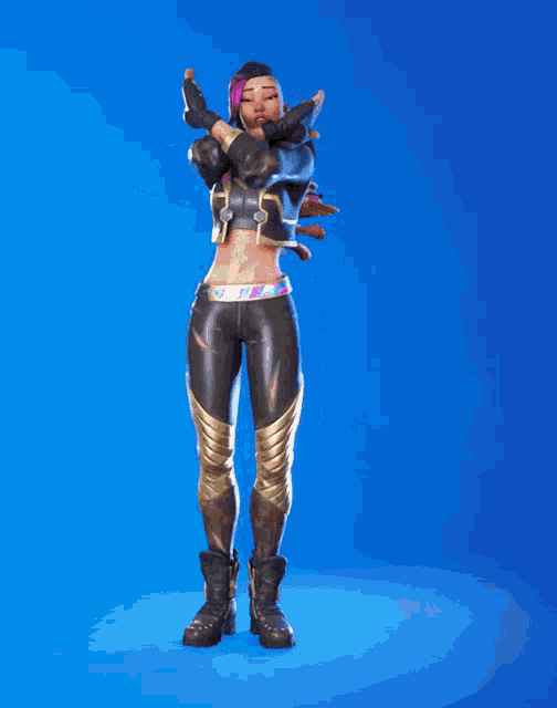a video game character is dancing with her arms outstretched
