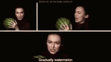 a woman is holding a watermelon in her hands and singing a song .