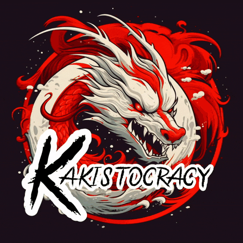 a picture of a red and white dragon with the words akistocracy below it