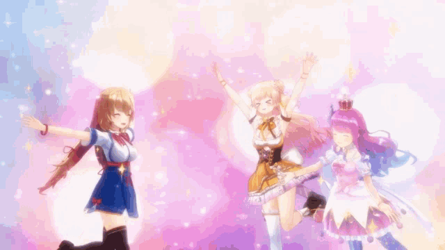 a group of anime girls are jumping in the air with their arms outstretched