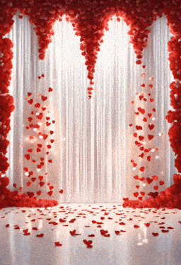 a white curtain covered in red hearts and petals