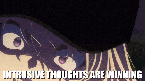 a close up of a person 's face with the words intrusive thoughts are winning above it