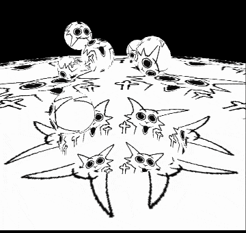 a black and white drawing of a group of monsters