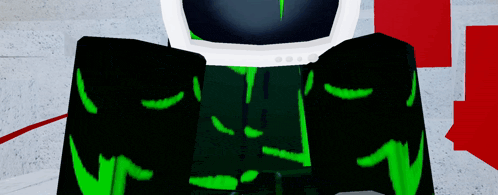 a cartoon character is wearing a green and black outfit and a helmet