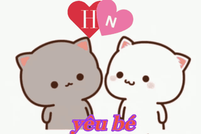 a couple of cats standing next to each other with a heart above them that says hn on it