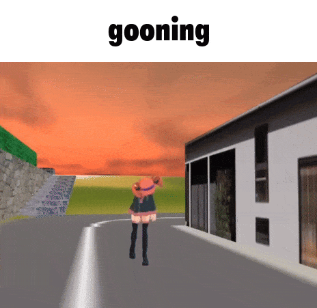 a cartoon of a girl standing in front of a building with the word gooning below her