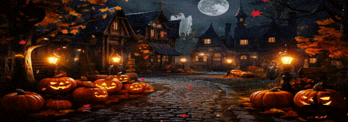 a halloween scene with pumpkins and a witch on the sidewalk