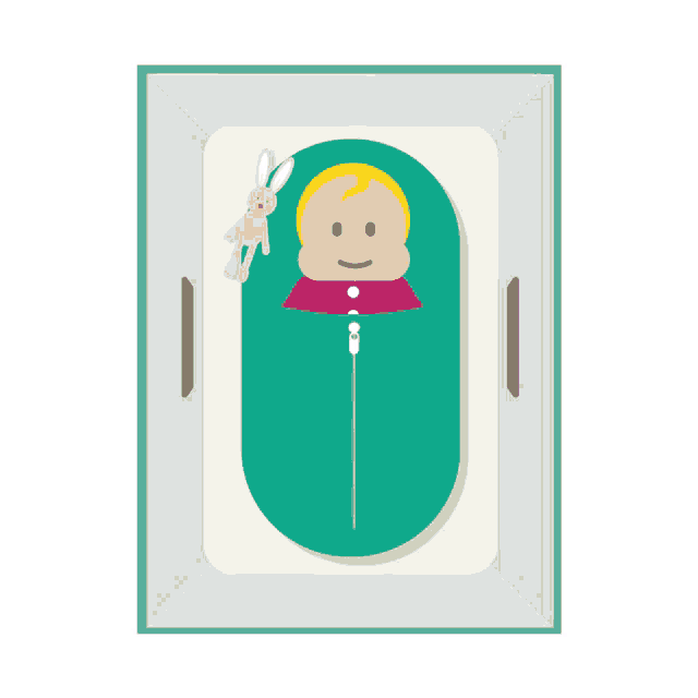 an illustration of a baby wrapped in a blanket with a stuffed bunny