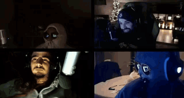 a collage of four images shows a man in a chair