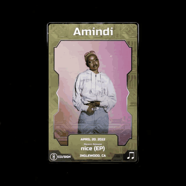 a card that says ' amindi ' on it with a picture of a person