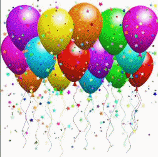 a bunch of colorful balloons with confetti and stars on them