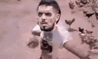 a man with a beard is standing in a field with birds flying around him .