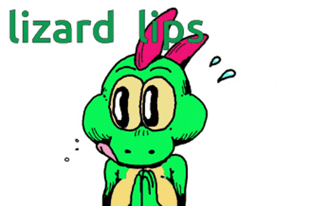 a cartoon of a lizard with the word lizard lips written above it