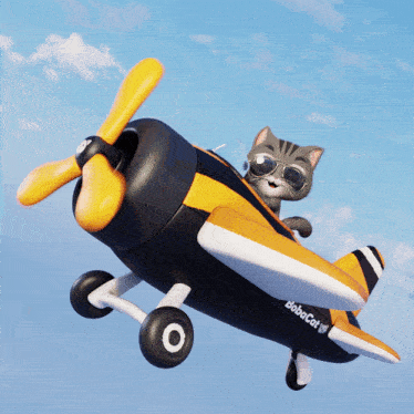 a cartoon cat wearing sunglasses is flying on a plane that says babacat