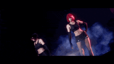 a woman with red hair is dancing in front of a sign that says reina