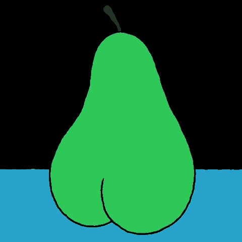 a cartoon drawing of a pear with a red nose and eyes