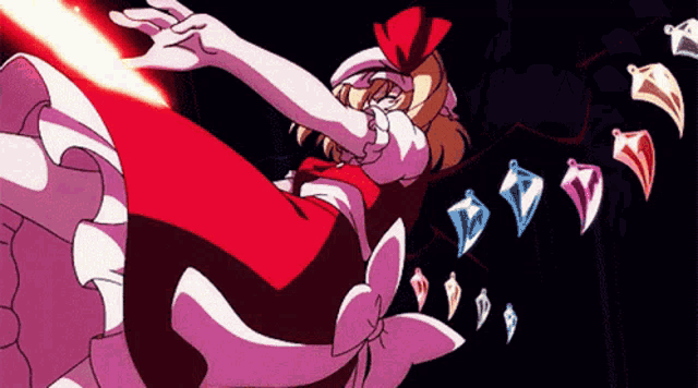 a girl in a red dress is flying through the air surrounded by crystals