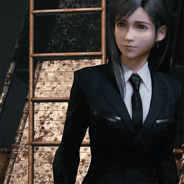 a woman in a suit and tie stands next to a ladder