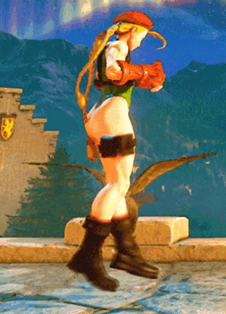 a woman in a video game is standing on a ledge