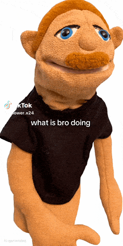 a puppet with a mustache is wearing a black shirt that says " what is bro doing "