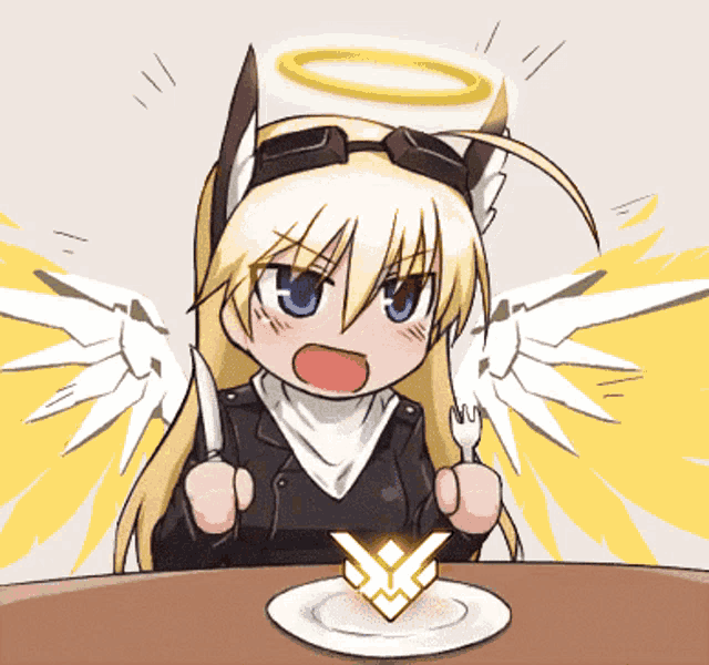 a girl with wings and a halo on her head is sitting at a table holding a knife and fork