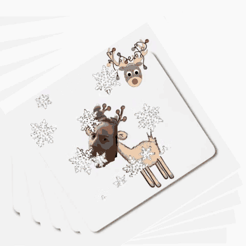 a christmas card with a deer and snowflakes
