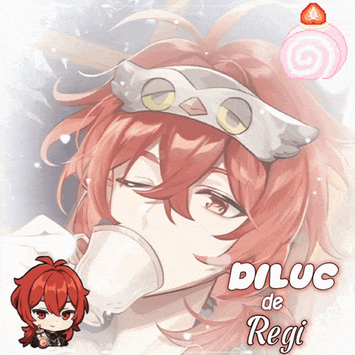 a picture of a red haired anime character with the name diluc de regi on the bottom