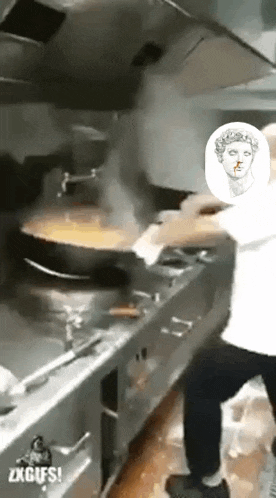 a man is cooking food in a kitchen with a picture of a statue of a woman on the wall .