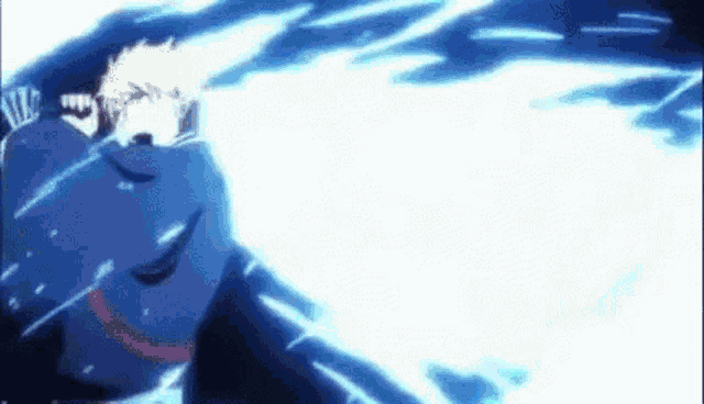 a man in a blue cape is standing in front of a blue lightning bolt .