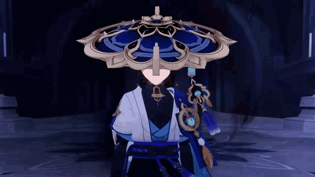 a cartoon character wearing a blue and gold umbrella with a cross on it