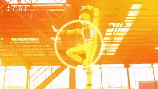 a man in a yellow suit is standing in front of a clock that says 7:47