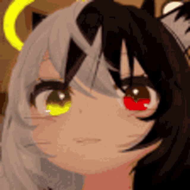 a close up of a person 's face with a cat ears and a yellow halo .