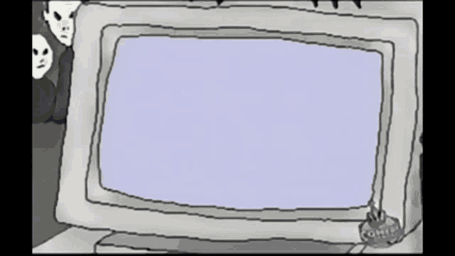 a cartoon drawing of a computer monitor with a comix logo on it