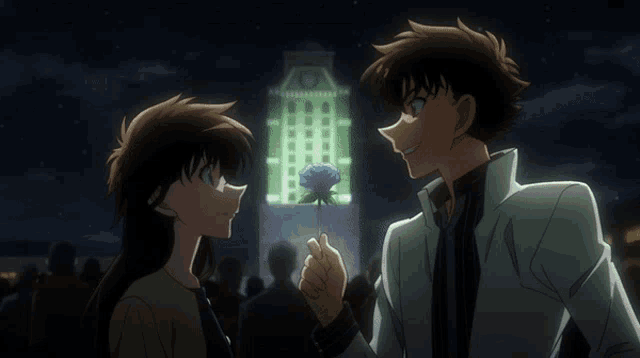 a man is giving a woman a blue rose