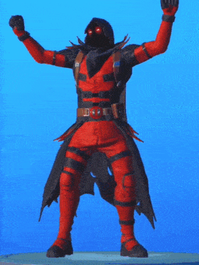 a man in a red and black outfit with red eyes is standing with his arms outstretched