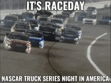 a bunch of cars are racing on a track and the caption says it 's raceday