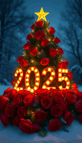 a christmas tree made out of red roses with the number 2025 on top