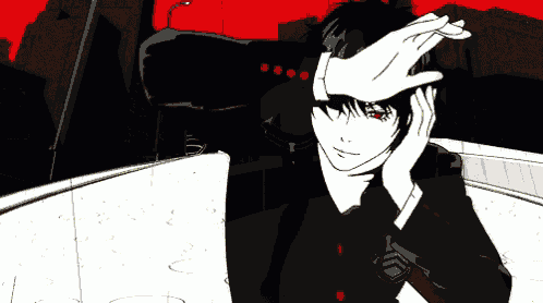 a black and white drawing of a man in a suit with red eyes covering his face .