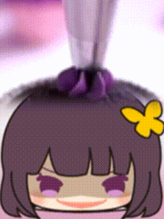 a cartoon girl with purple hair and a yellow flower on her head .