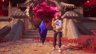 a man is standing in front of a purple portal in a video game holding a sword .