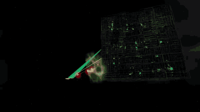 a computer generated image of a cube with green lights on it .