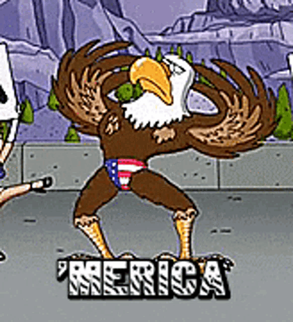 a cartoon of a bald eagle dancing with the word merica in the background