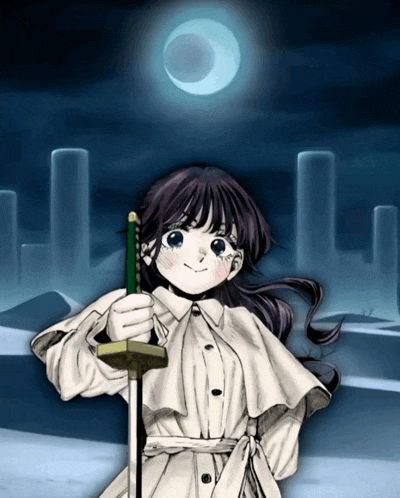 a girl in a white coat holds a sword in front of a full moon
