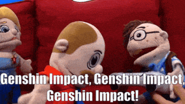 a group of stuffed animals are sitting on a red couch with the words genshin impact genshin impact genshin impact