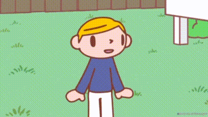 a cartoon drawing of a boy standing in a grassy yard