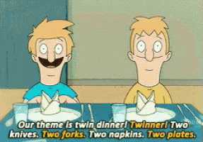a cartoon of two boys sitting at a table with plates and forks and napkins