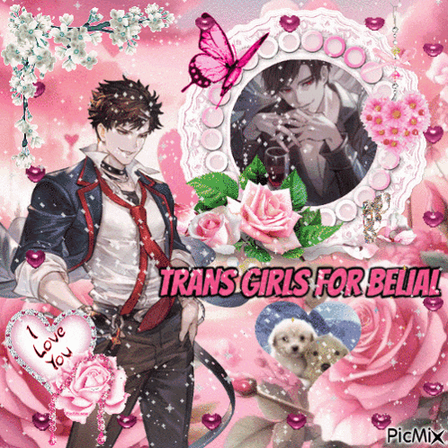 a picture of a man surrounded by pink flowers with the words " trans girls for belial "